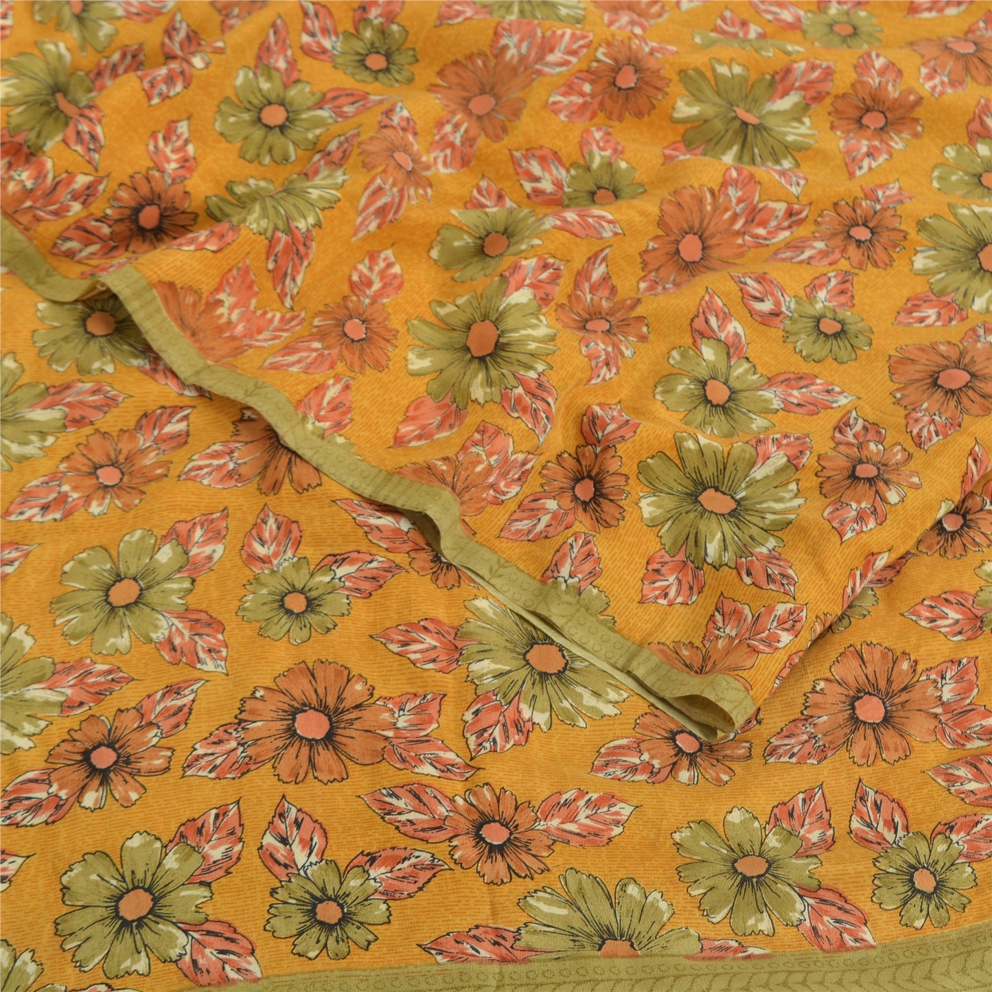 Sanskriti Vintage Sarees Mustard Pure Crepe Silk Printed Sari 5yd Craft Sustainable Fabric