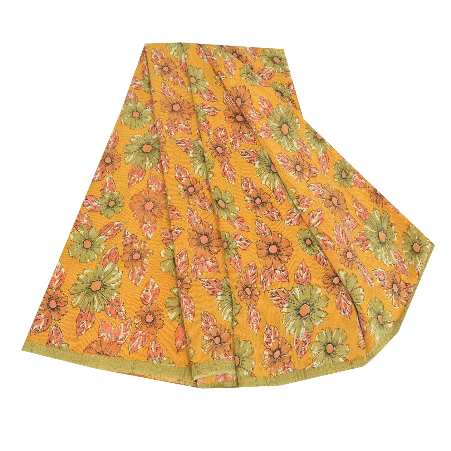 Sanskriti Vintage Sarees Mustard Pure Crepe Silk Printed Sari 5yd Craft Sustainable Fabric