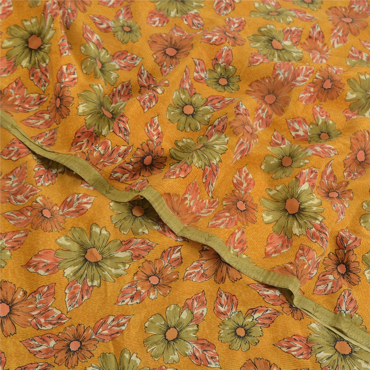 Sanskriti Vintage Sarees Mustard Pure Crepe Silk Printed Sari 5yd Craft Sustainable Fabric