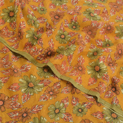 Sanskriti Vintage Sarees Mustard Pure Crepe Silk Printed Sari 5yd Craft Sustainable Fabric