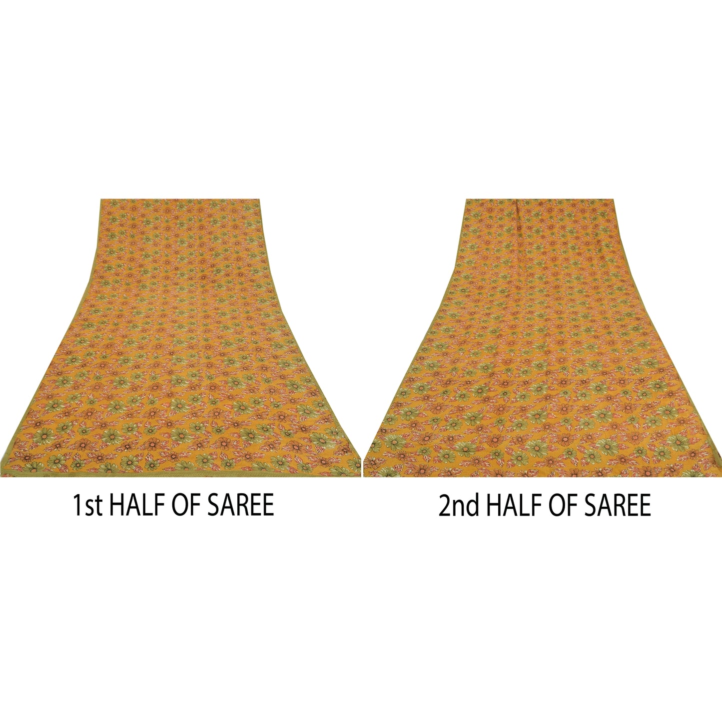 Sanskriti Vintage Sarees Mustard Pure Crepe Silk Printed Sari 5yd Craft Sustainable Fabric