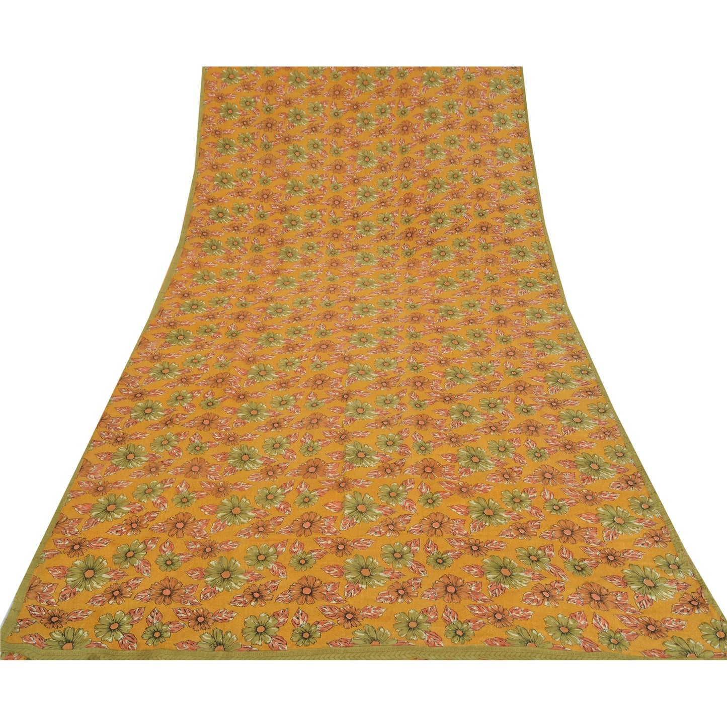 Sanskriti Vintage Sarees Mustard Pure Crepe Silk Printed Sari 5yd Craft Sustainable Fabric