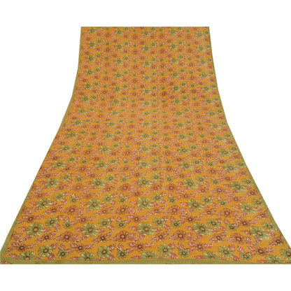 Sanskriti Vintage Sarees Mustard Pure Crepe Silk Printed Sari 5yd Craft Sustainable Fabric