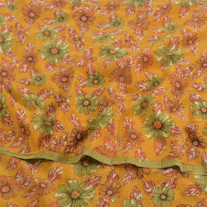 Sanskriti Vintage Sarees Mustard Pure Crepe Silk Printed Sari 5yd Craft Sustainable Fabric