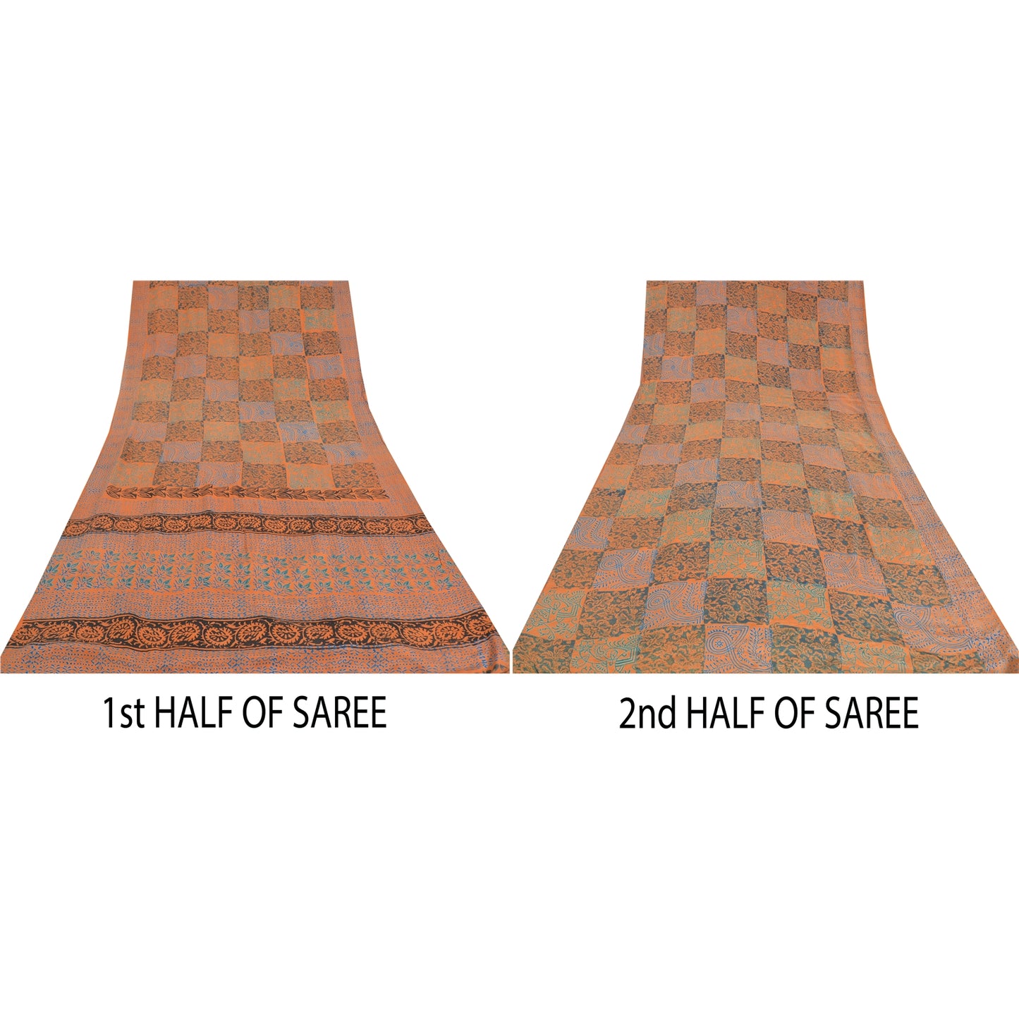Sanskriti Vintage Sarees Orange/Blue Pure Crepe Silk Print Sari 5yd Craft Sustainable Fabric