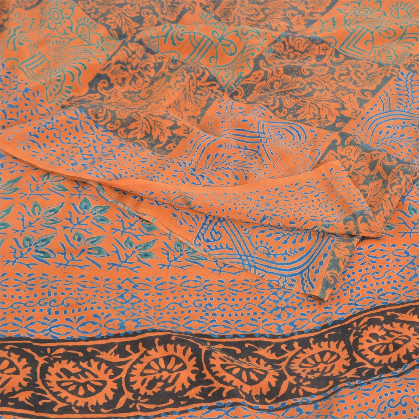 Sanskriti Vintage Sarees Orange/Blue Pure Crepe Silk Print Sari 5yd Craft Sustainable Fabric