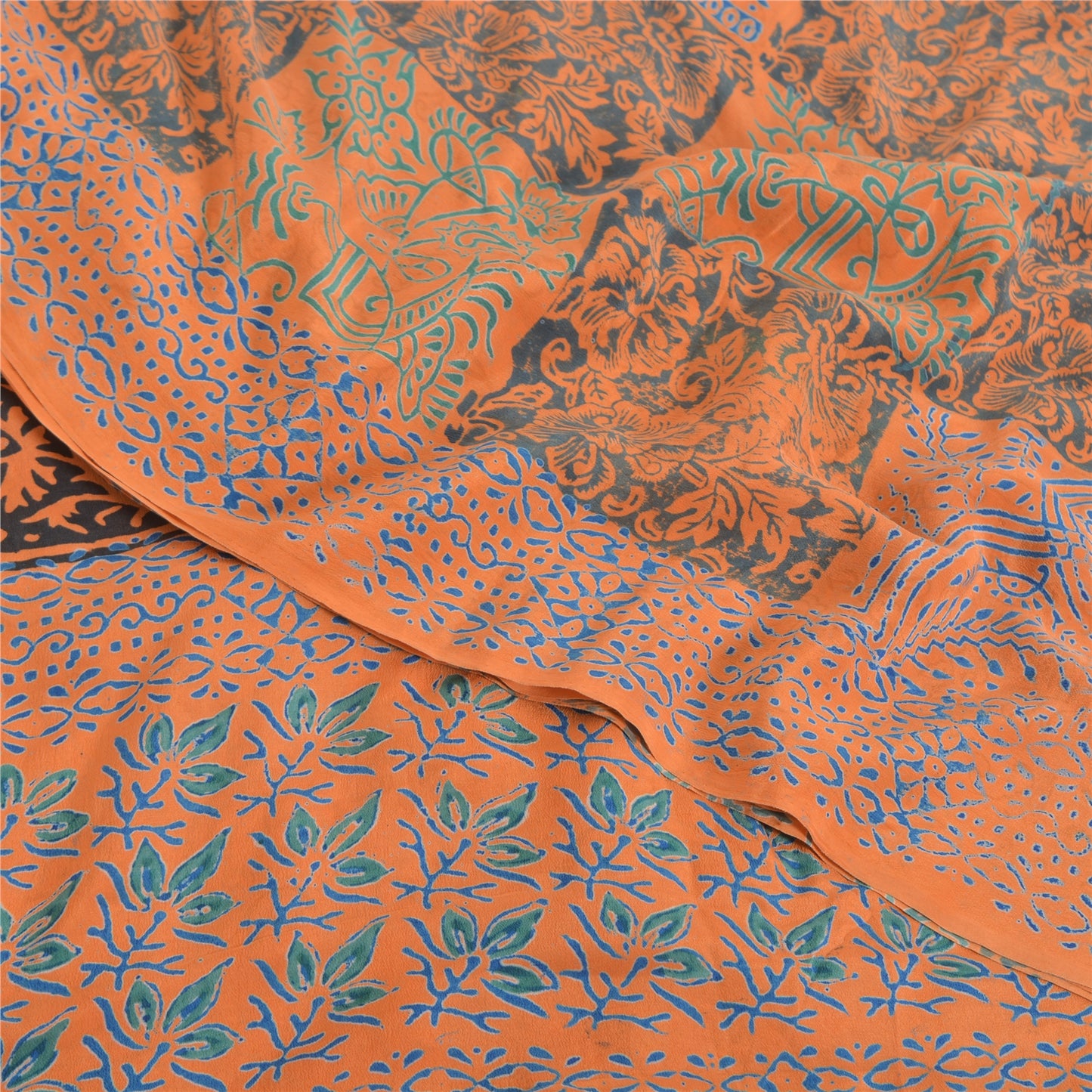 Sanskriti Vintage Sarees Orange/Blue Pure Crepe Silk Print Sari 5yd Craft Sustainable Fabric