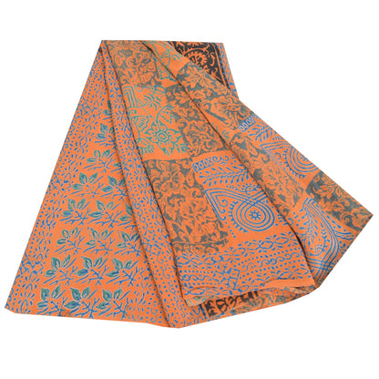 Sanskriti Vintage Sarees Orange/Blue Pure Crepe Silk Print Sari 5yd Craft Sustainable Fabric