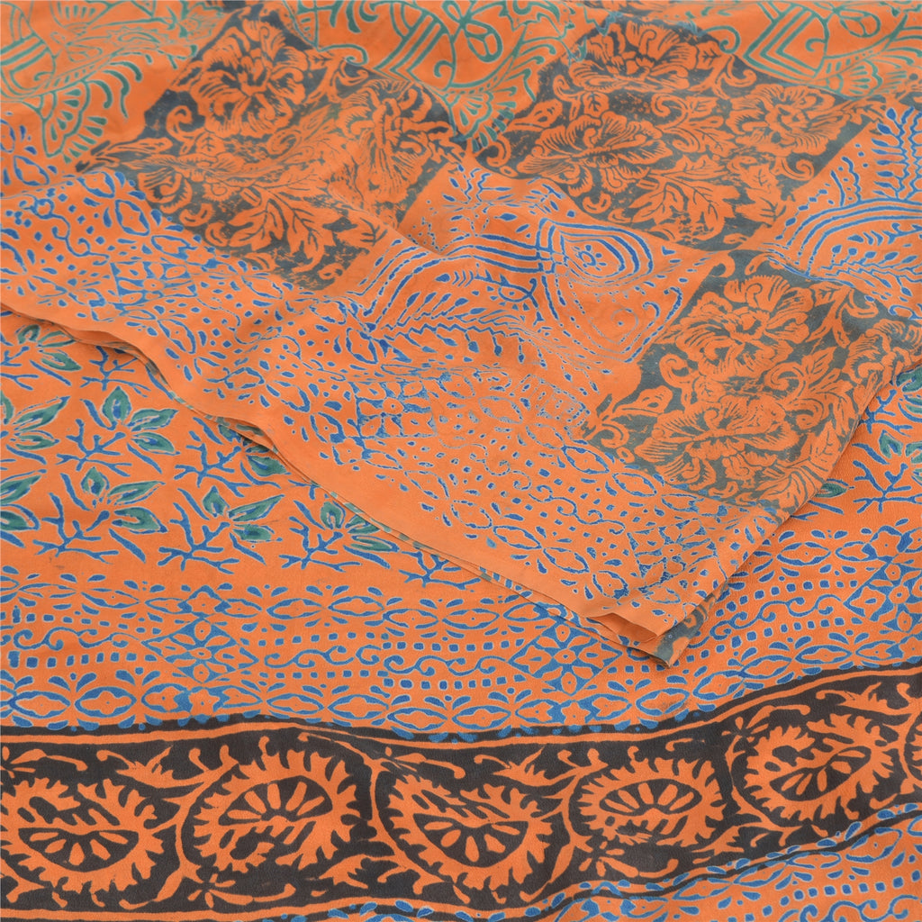 Sanskriti Vintage Sarees Orange/Blue Pure Crepe Silk Print Sari 5yd Craft Sustainable Fabric
