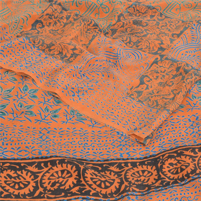 Sanskriti Vintage Sarees Orange/Blue Pure Crepe Silk Print Sari 5yd Craft Sustainable Fabric