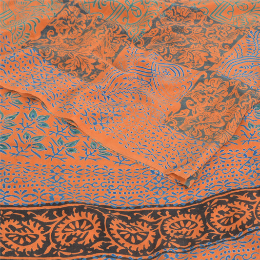 Sanskriti Vintage Sarees Orange/Blue Pure Crepe Silk Print Sari 5yd Craft Sustainable Fabric