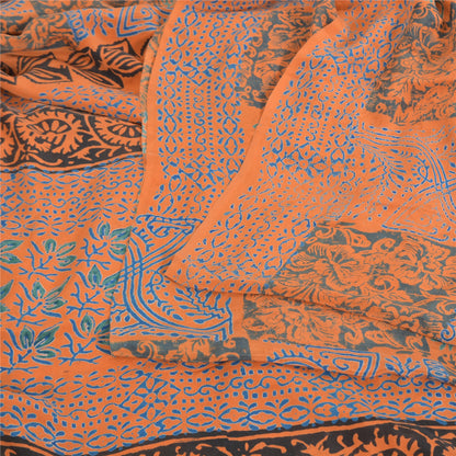 Sanskriti Vintage Sarees Orange/Blue Pure Crepe Silk Print Sari 5yd Craft Sustainable Fabric
