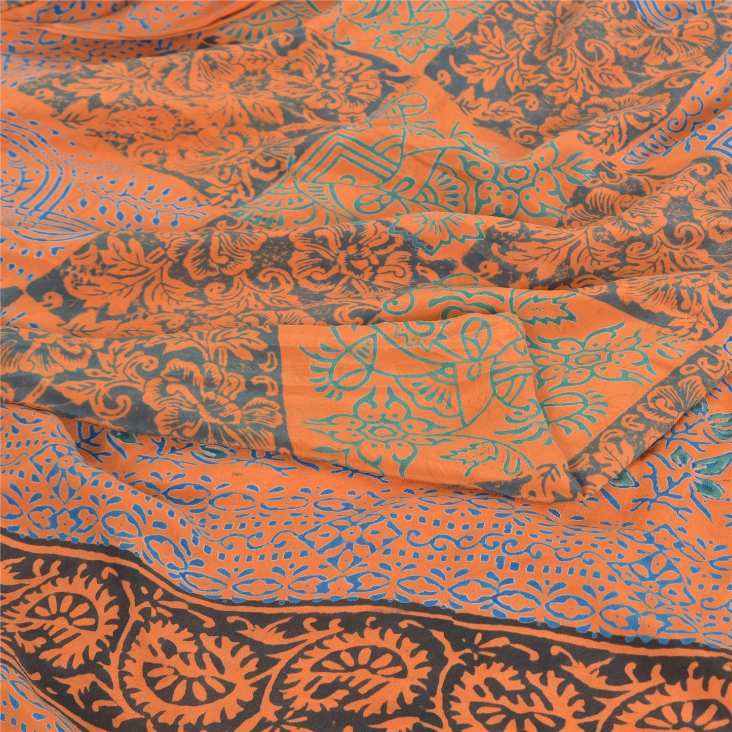 Sanskriti Vintage Sarees Orange/Blue Pure Crepe Silk Print Sari 5yd Craft Sustainable Fabric