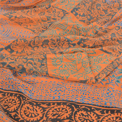 Sanskriti Vintage Sarees Orange/Blue Pure Crepe Silk Print Sari 5yd Craft Sustainable Fabric