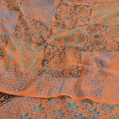 Sanskriti Vintage Sarees Orange/Blue Pure Crepe Silk Print Sari 5yd Craft Sustainable Fabric