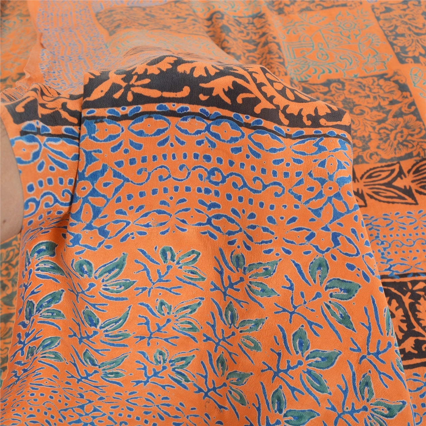 Sanskriti Vintage Sarees Orange/Blue Pure Crepe Silk Print Sari 5yd Craft Sustainable Fabric