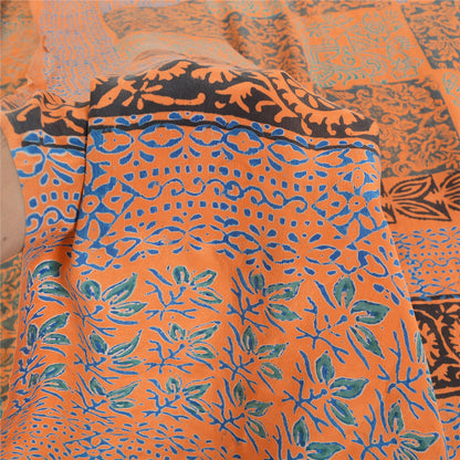Sanskriti Vintage Sarees Orange/Blue Pure Crepe Silk Print Sari 5yd Craft Sustainable Fabric