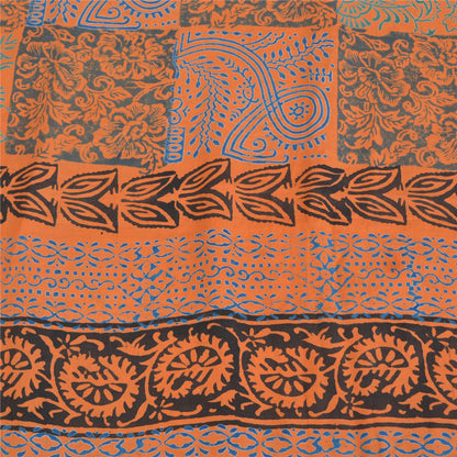 Sanskriti Vintage Sarees Orange/Blue Pure Crepe Silk Print Sari 5yd Craft Sustainable Fabric