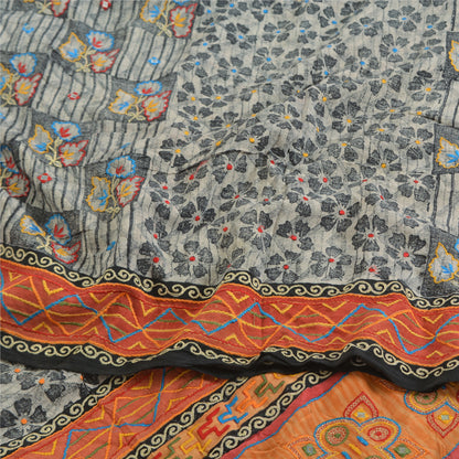 Sanskriti Vintage Sarees Gray Embroidered Pure Crepe Print Sari 5yd Craft Sustainable Fabric