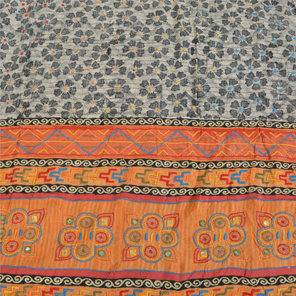 Sanskriti Vintage Sarees Gray Embroidered Pure Crepe Print Sari 5yd Craft Sustainable Fabric