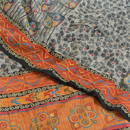 Sanskriti Vintage Sarees Gray Embroidered Pure Crepe Print Sari 5yd Craft Sustainable Fabric