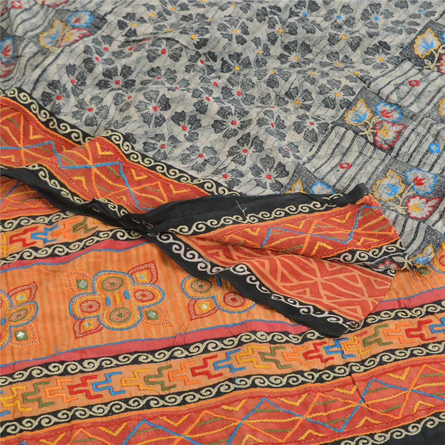 Sanskriti Vintage Sarees Gray Embroidered Pure Crepe Print Sari 5yd Craft Sustainable Fabric