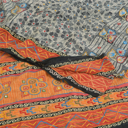 Sanskriti Vintage Sarees Gray Embroidered Pure Crepe Print Sari 5yd Craft Sustainable Fabric