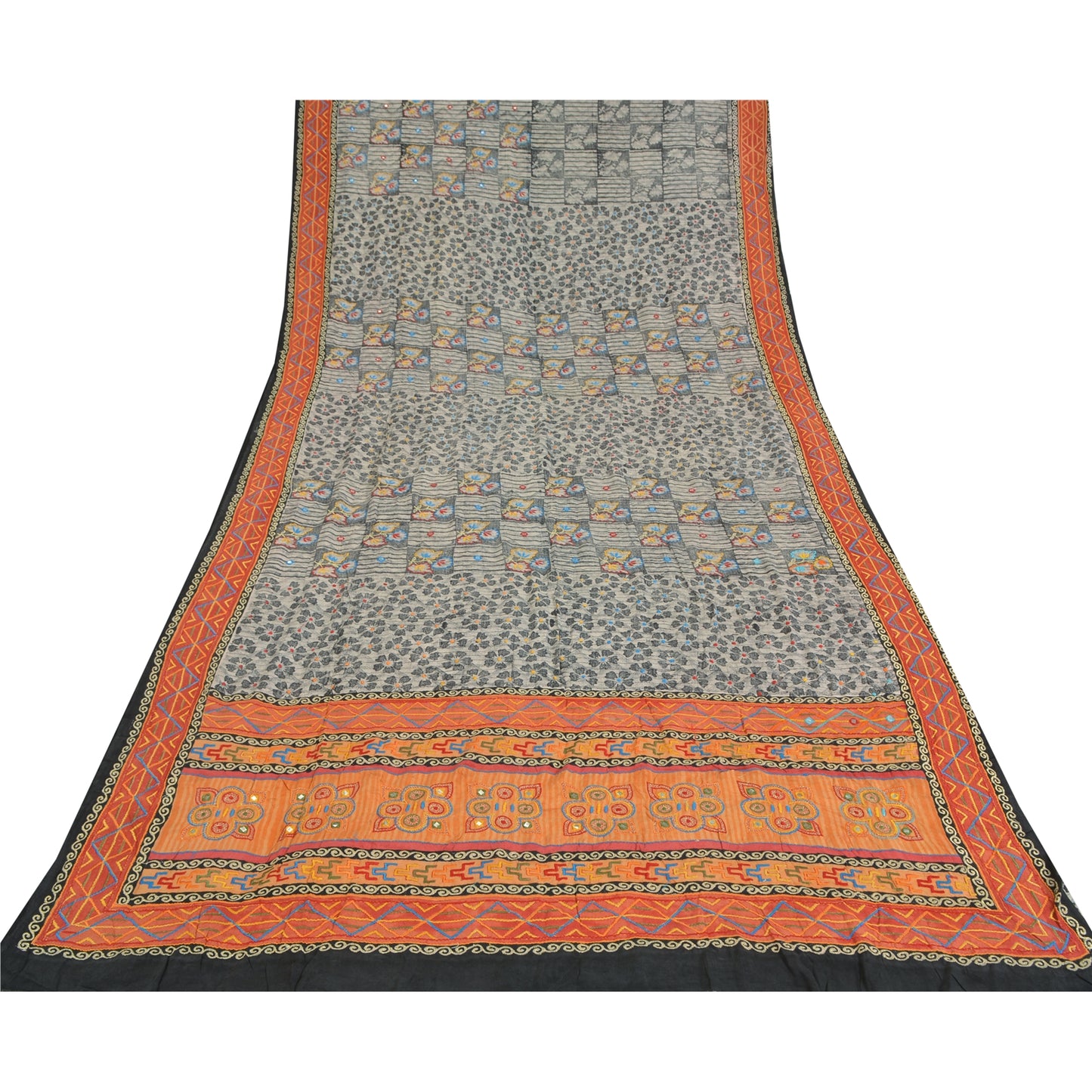 Sanskriti Vintage Sarees Gray Embroidered Pure Crepe Print Sari 5yd Craft Sustainable Fabric