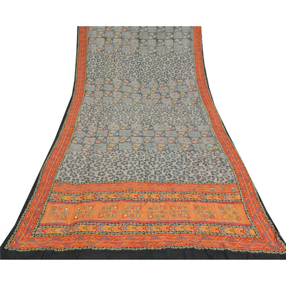 Sanskriti Vintage Sarees Gray Embroidered Pure Crepe Print Sari 5yd Craft Sustainable Fabric