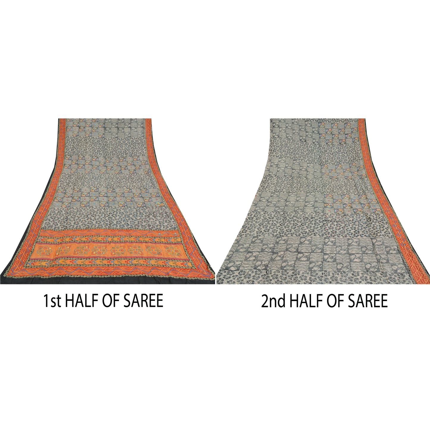 Sanskriti Vintage Sarees Gray Embroidered Pure Crepe Print Sari 5yd Craft Sustainable Fabric