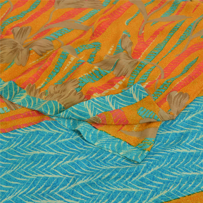 Sanskriti Vintage Sarees Saffron/Blue Pure Crepe Silk Printed Sari 5yd Sustainable Fabric