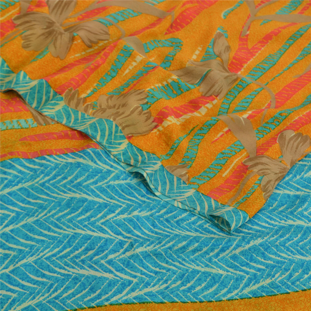 Sanskriti Vintage Sarees Saffron/Blue Pure Crepe Silk Printed Sari 5yd Sustainable Fabric
