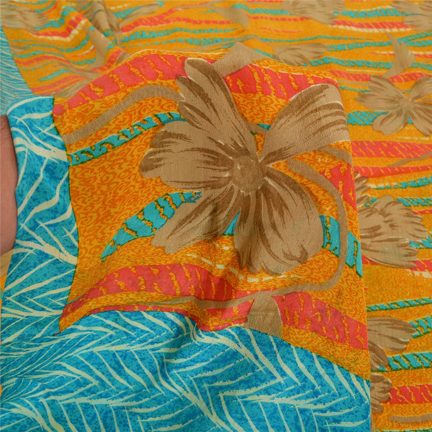 Sanskriti Vintage Sarees Saffron/Blue Pure Crepe Silk Printed Sari 5yd Sustainable Fabric