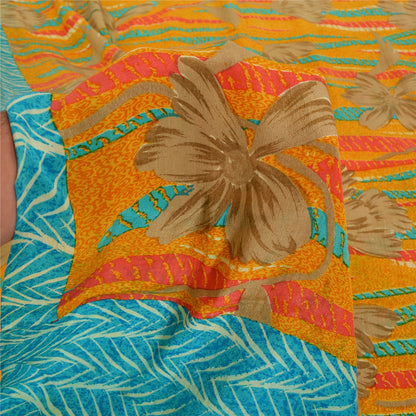 Sanskriti Vintage Sarees Saffron/Blue Pure Crepe Silk Printed Sari 5yd Sustainable Fabric