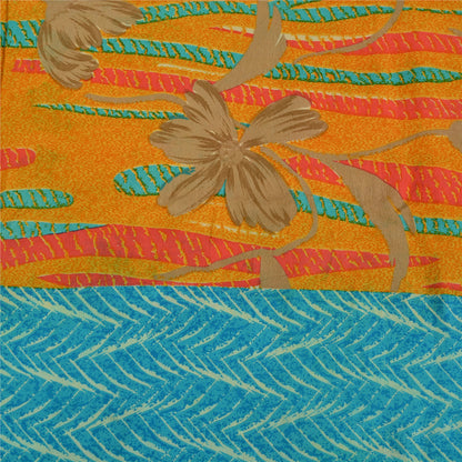 Sanskriti Vintage Sarees Saffron/Blue Pure Crepe Silk Printed Sari 5yd Sustainable Fabric