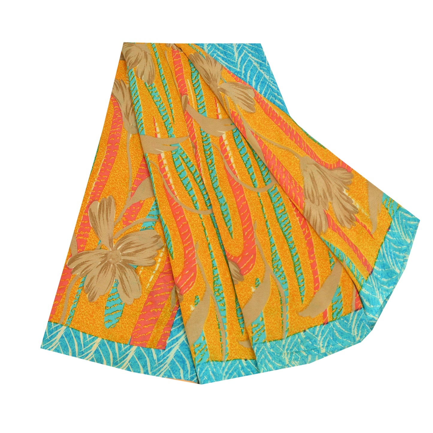 Sanskriti Vintage Sarees Saffron/Blue Pure Crepe Silk Printed Sari 5yd Sustainable Fabric