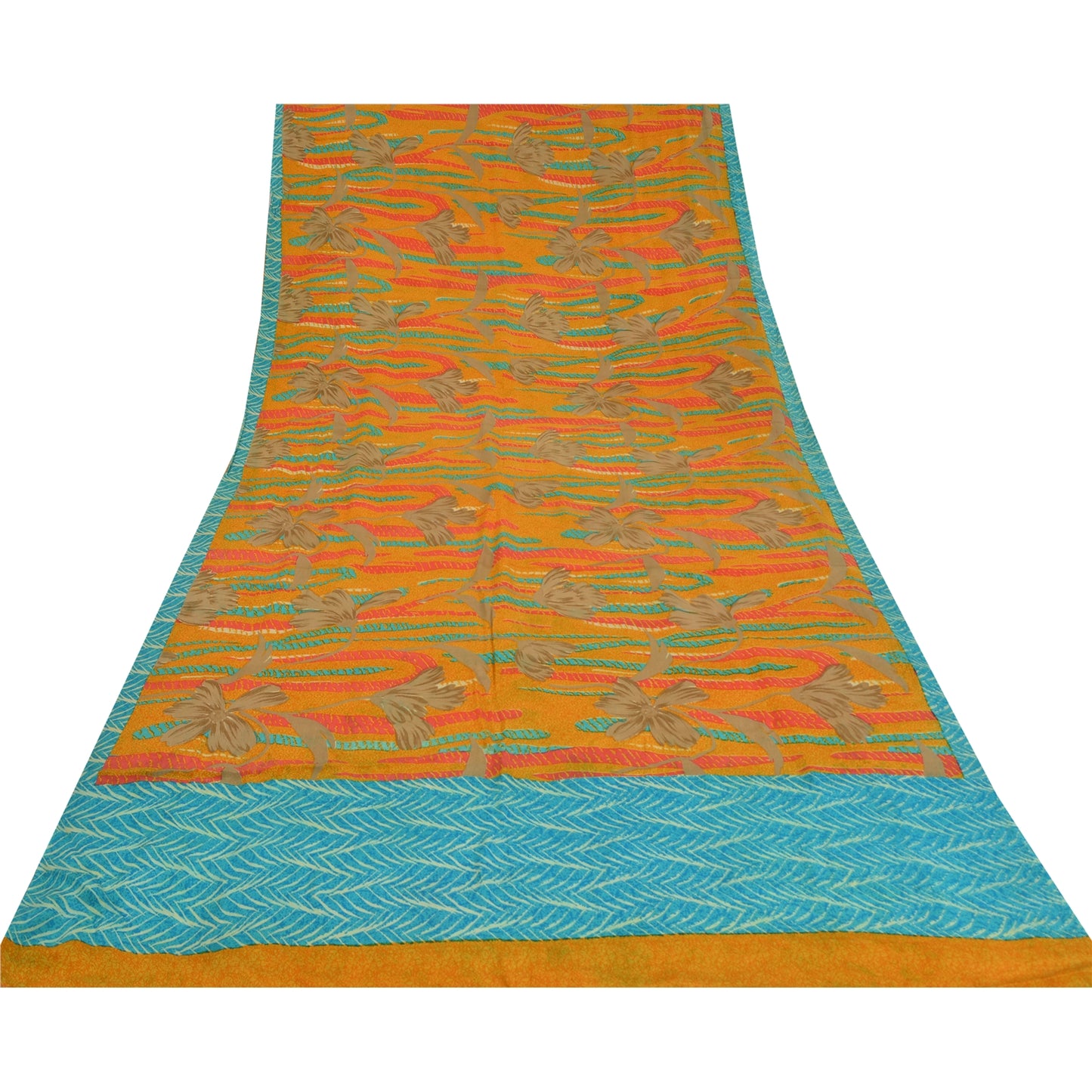 Sanskriti Vintage Sarees Saffron/Blue Pure Crepe Silk Printed Sari 5yd Sustainable Fabric