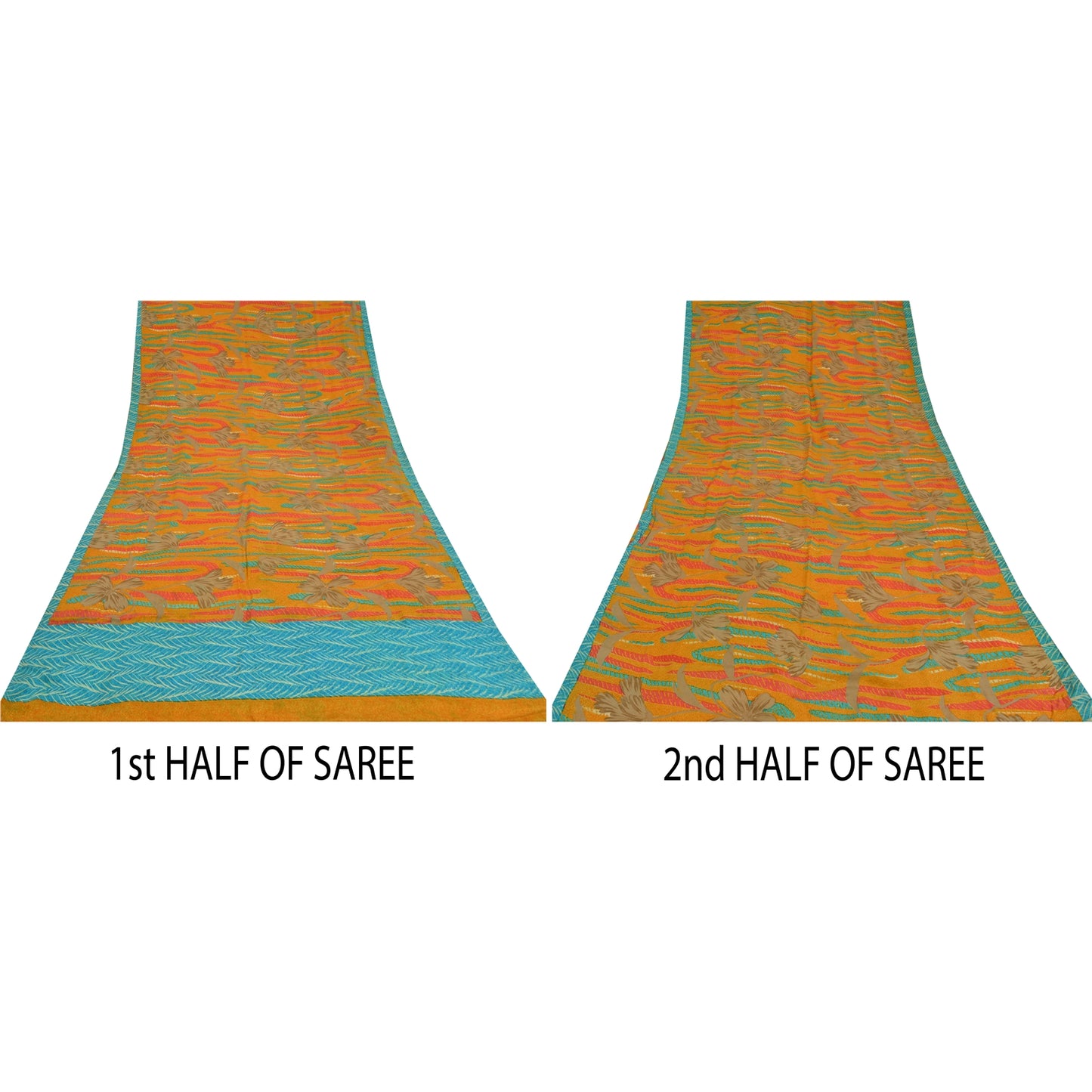 Sanskriti Vintage Sarees Saffron/Blue Pure Crepe Silk Printed Sari 5yd Sustainable Fabric