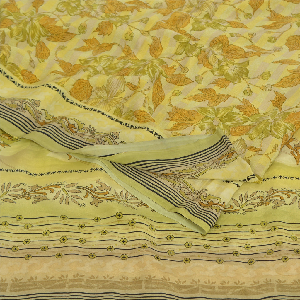 Sanskriti Vintage Sarees Green Pure Crepe Silk Printed Sari Floral Craft Sustainable Fabric
