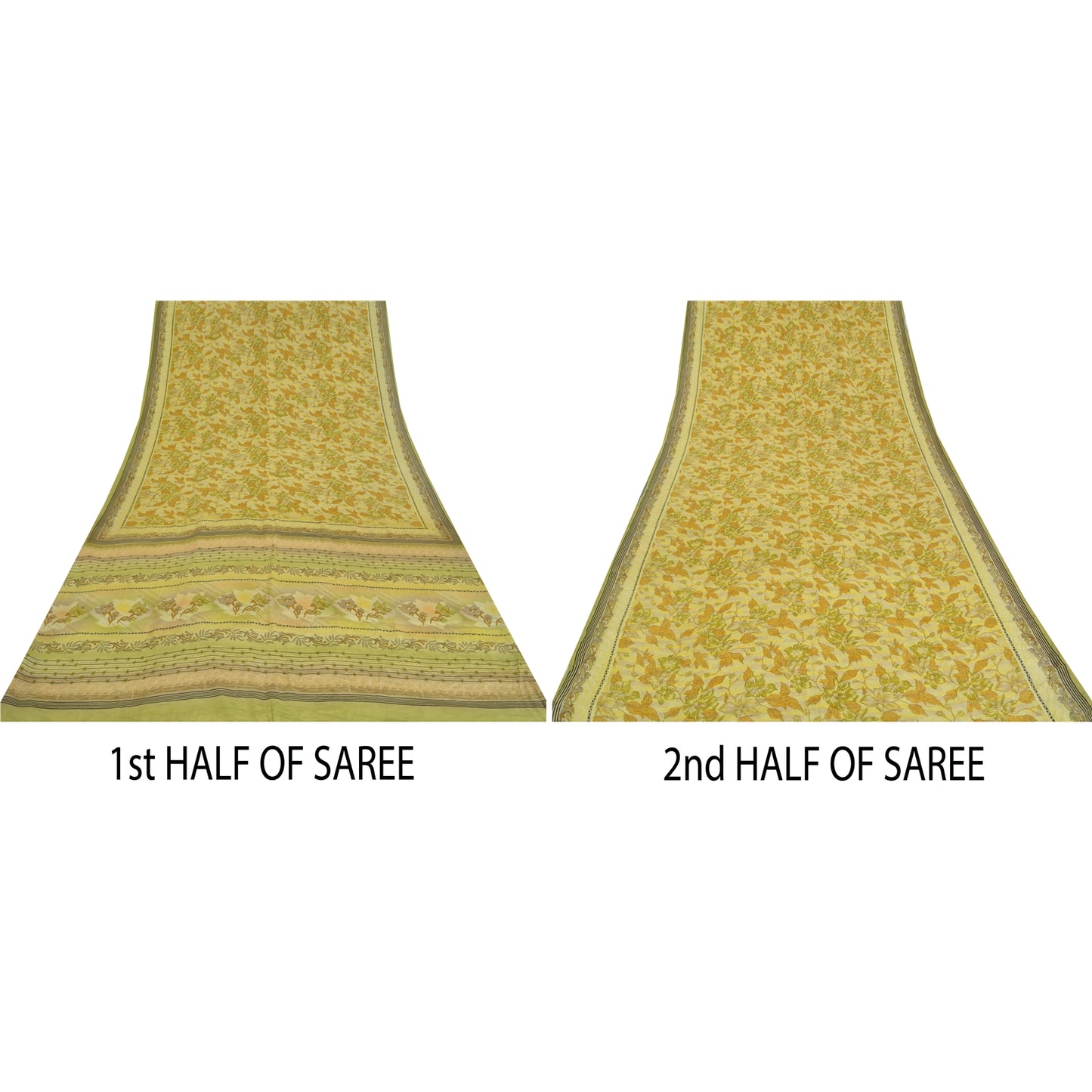 Sanskriti Vintage Sarees Green Pure Crepe Silk Printed Sari Floral Craft Sustainable Fabric