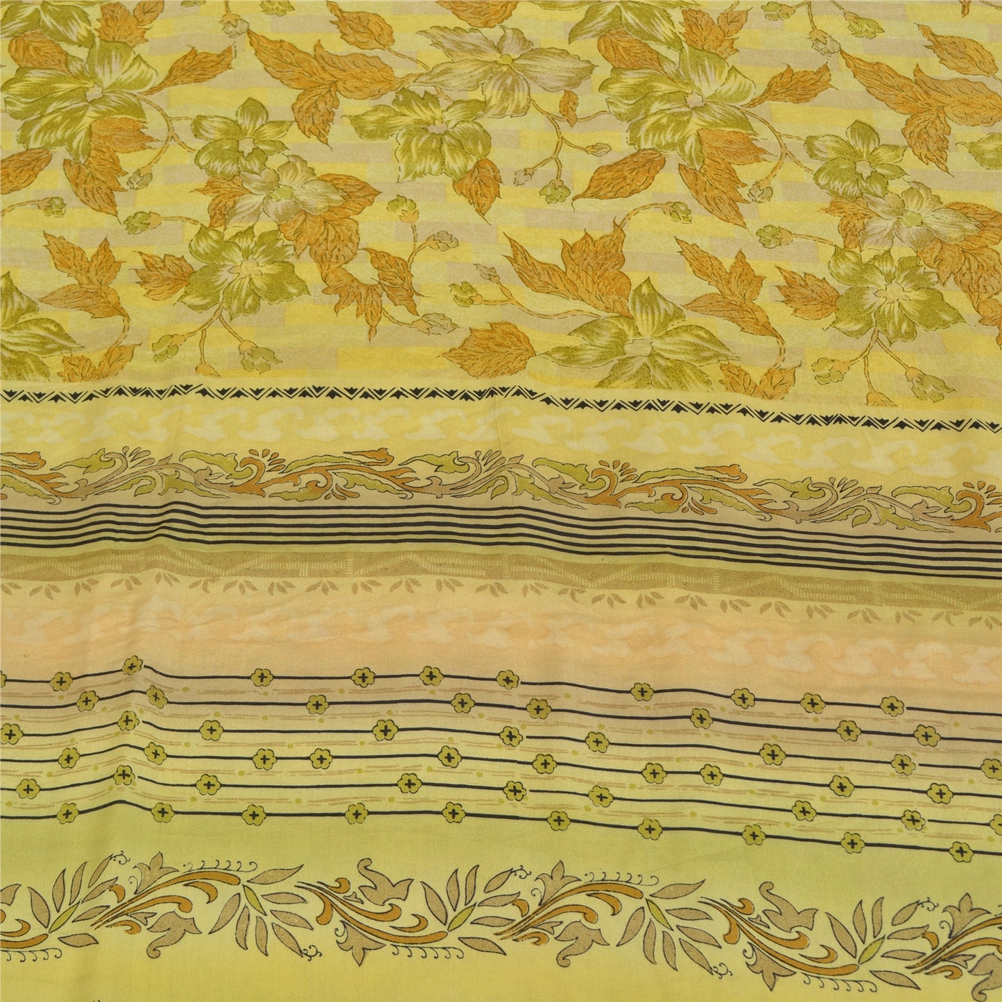 Sanskriti Vintage Sarees Green Pure Crepe Silk Printed Sari Floral Craft Sustainable Fabric