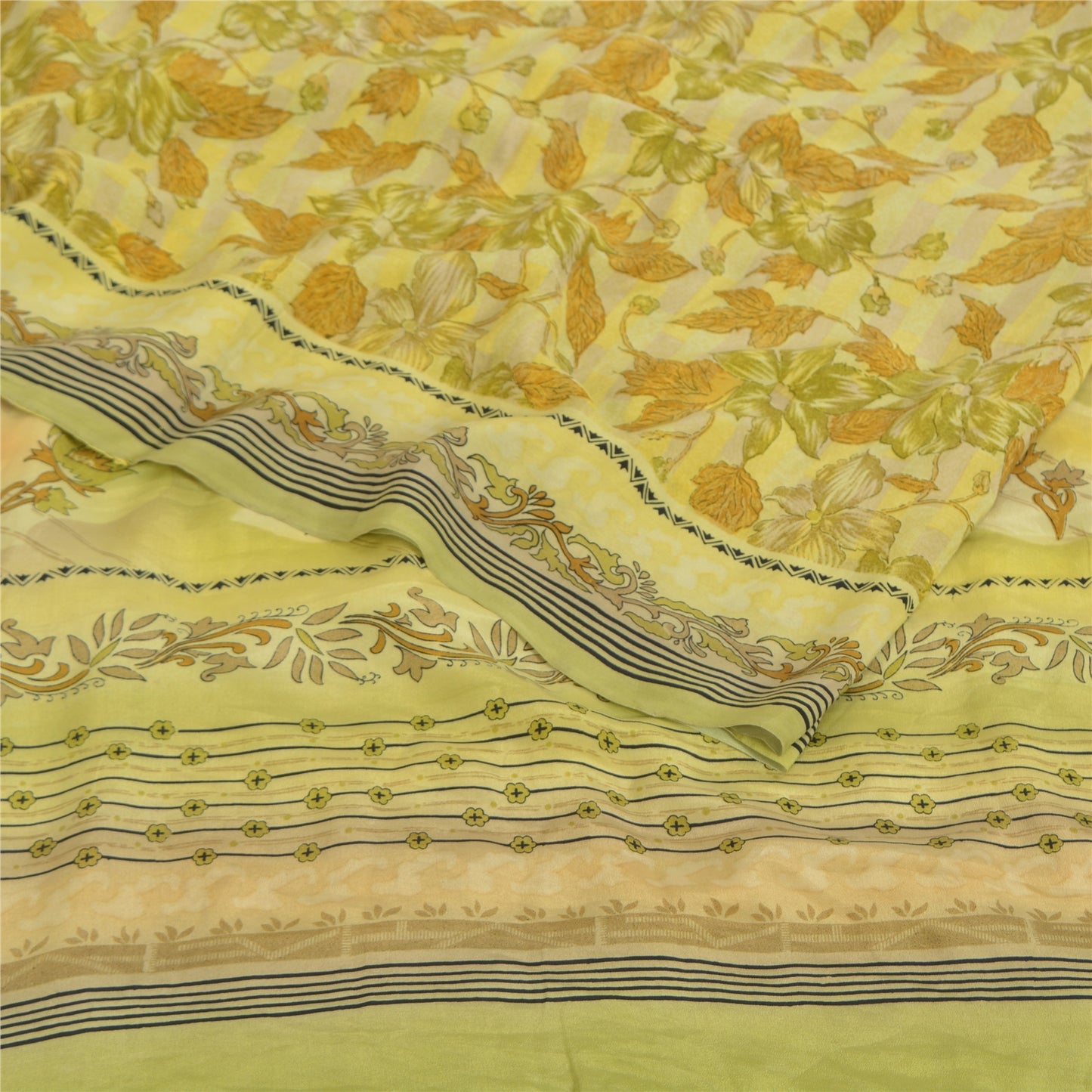 Sanskriti Vintage Sarees Green Pure Crepe Silk Printed Sari Floral Craft Sustainable Fabric