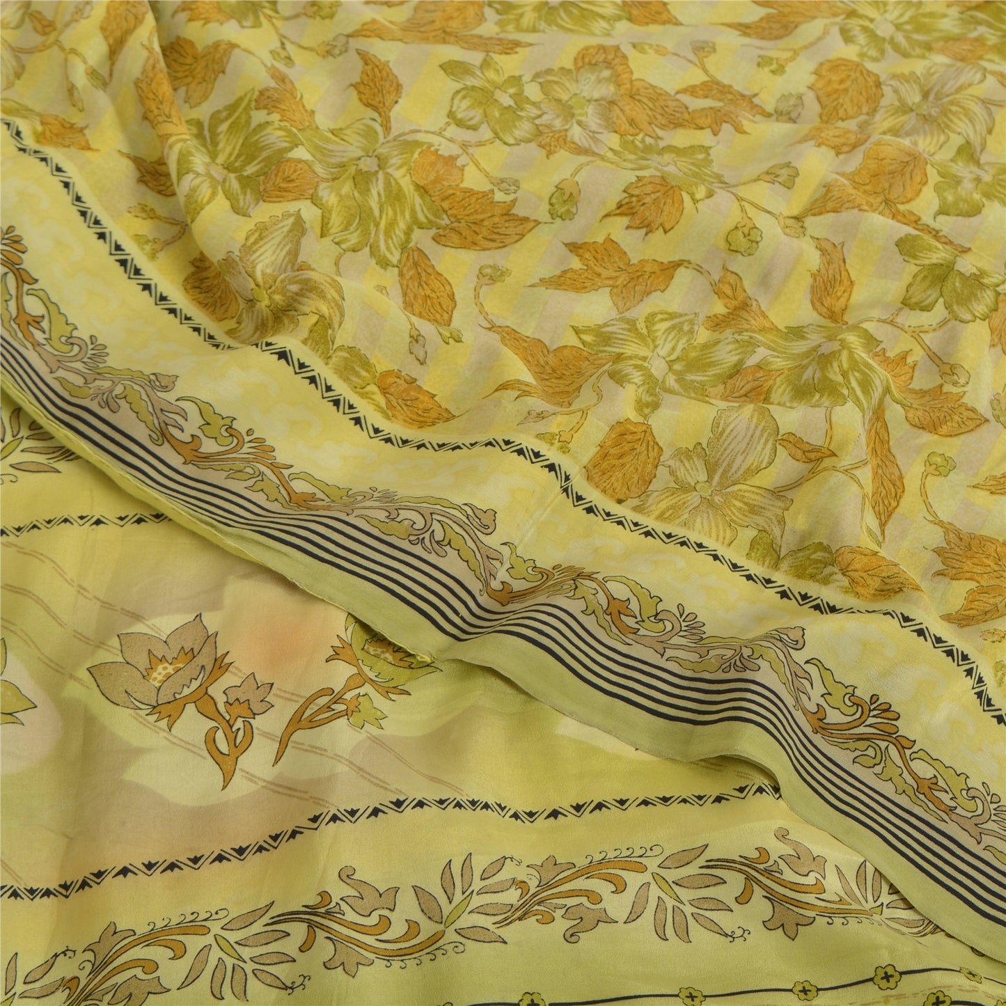 Sanskriti Vintage Sarees Green Pure Crepe Silk Printed Sari Floral Craft Sustainable Fabric
