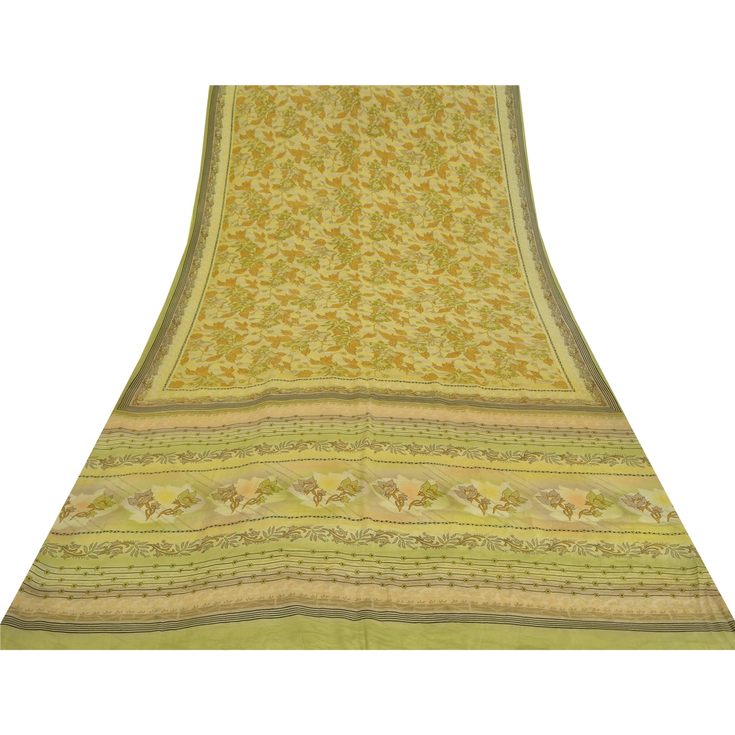 Sanskriti Vintage Sarees Green Pure Crepe Silk Printed Sari Floral Craft Sustainable Fabric