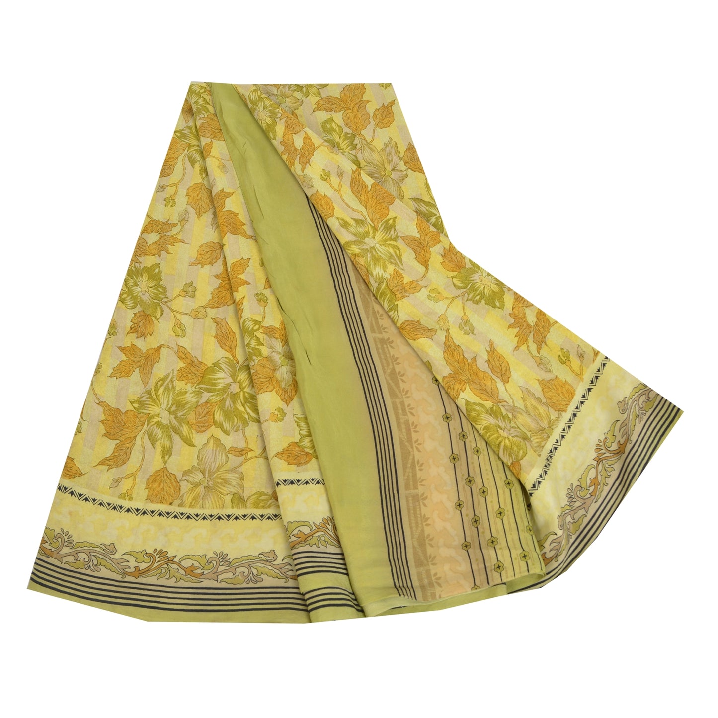 Sanskriti Vintage Sarees Green Pure Crepe Silk Printed Sari Floral Craft Sustainable Fabric