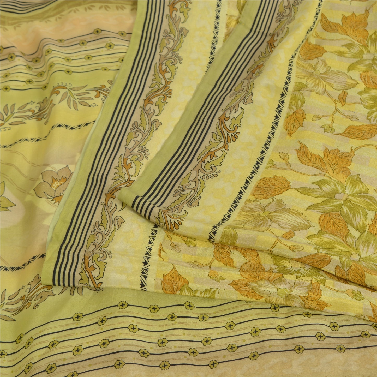 Sanskriti Vintage Sarees Green Pure Crepe Silk Printed Sari Floral Craft Sustainable Fabric