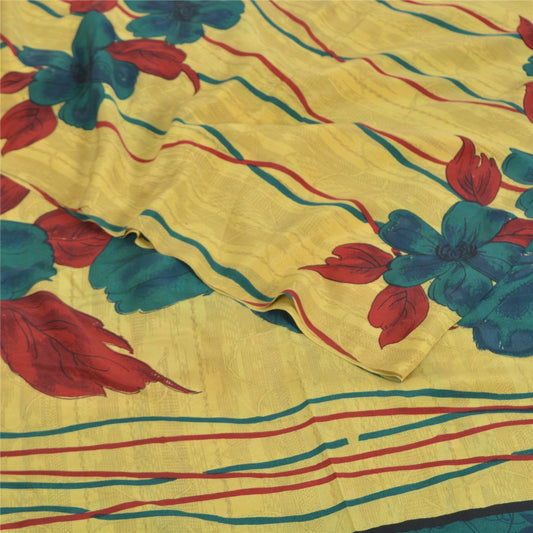Sanskriti Vintage Sarees Yellow Pure Crepe Silk Printed Sari 5yd Craft Sustainable Fabric
