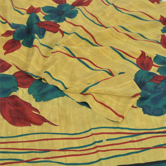 Sanskriti Vintage Sarees Yellow Pure Crepe Silk Printed Sari 5yd Craft Sustainable Fabric