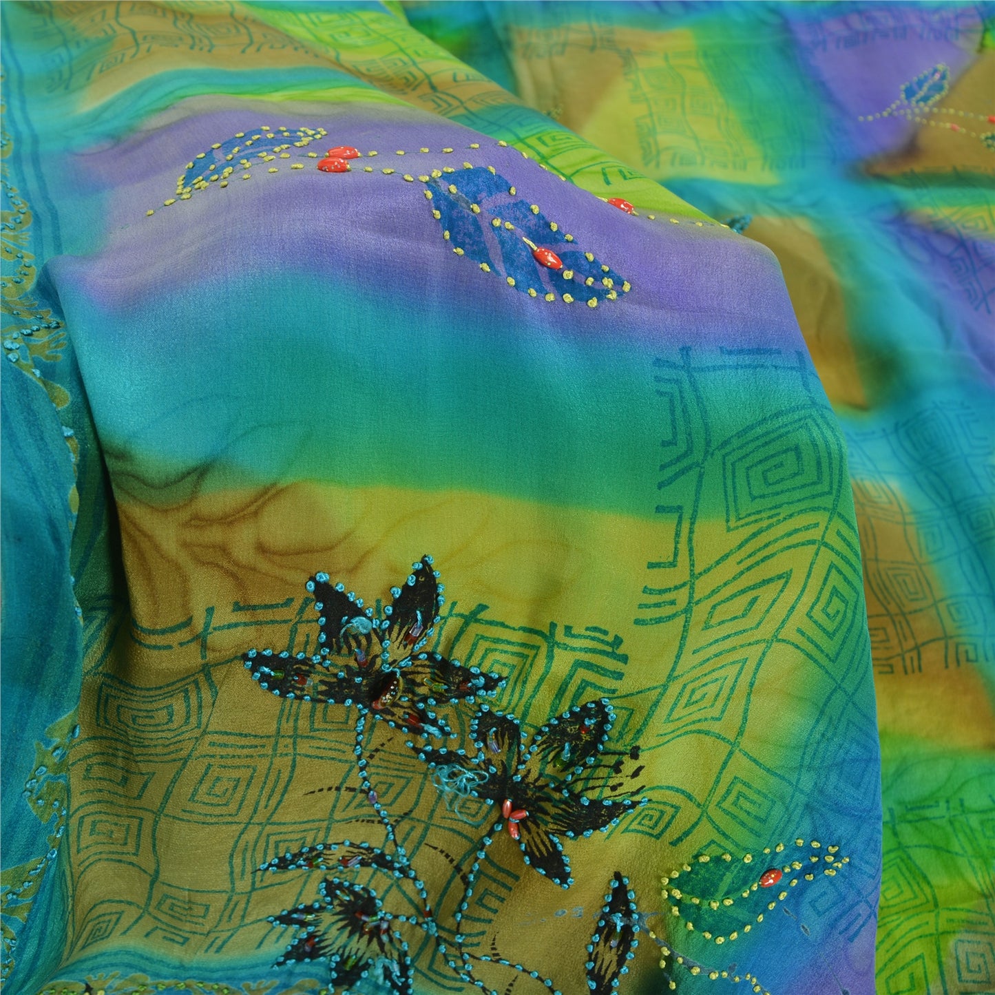 Sanskriti Vintage Sarees Pure Crepe Hand Beaded French Knot Printed Sari Sustainable Fabric