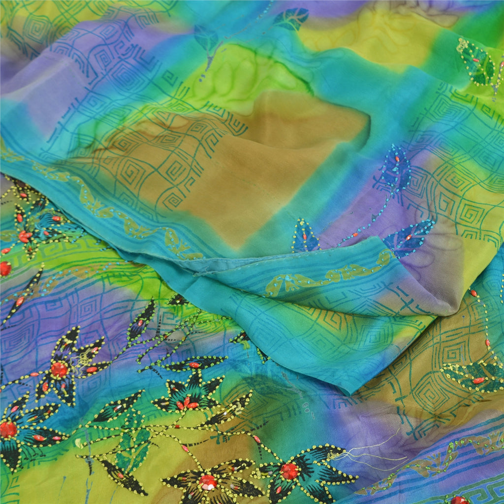 Sanskriti Vintage Sarees Pure Crepe Hand Beaded French Knot Printed Sari Sustainable Fabric